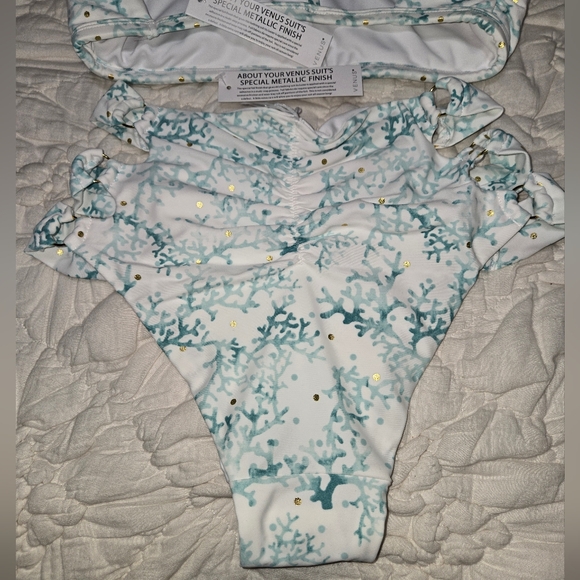 Venus swimsuit bikini white and aqua coral foil gold dots medium high-waisted - Picture 3 of 9